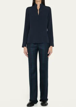 AkrisSplit-Neck Silk Button-Front Blouse