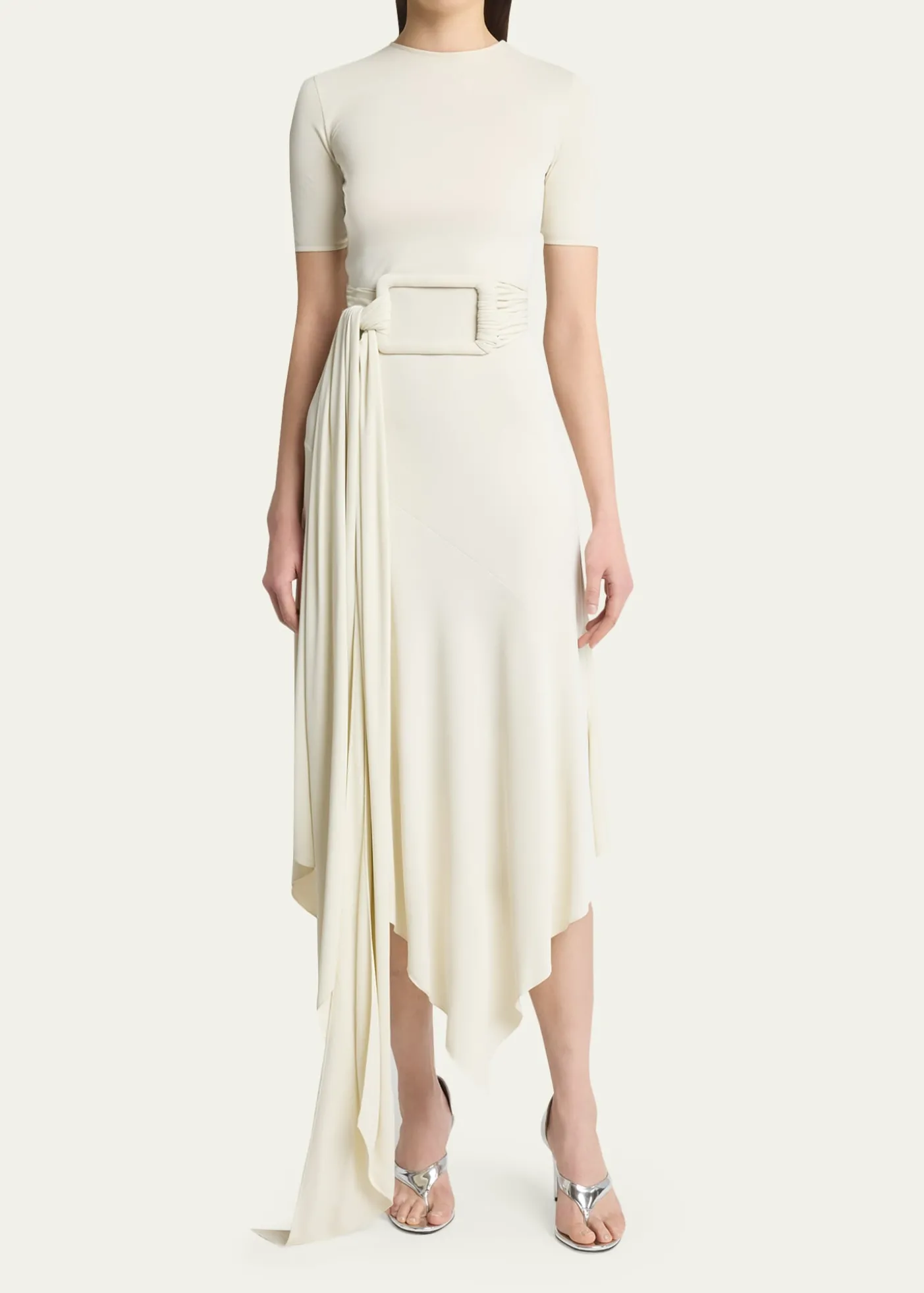 ALAIAAsymmetric Fluid Jersey Belted Midi Dress
