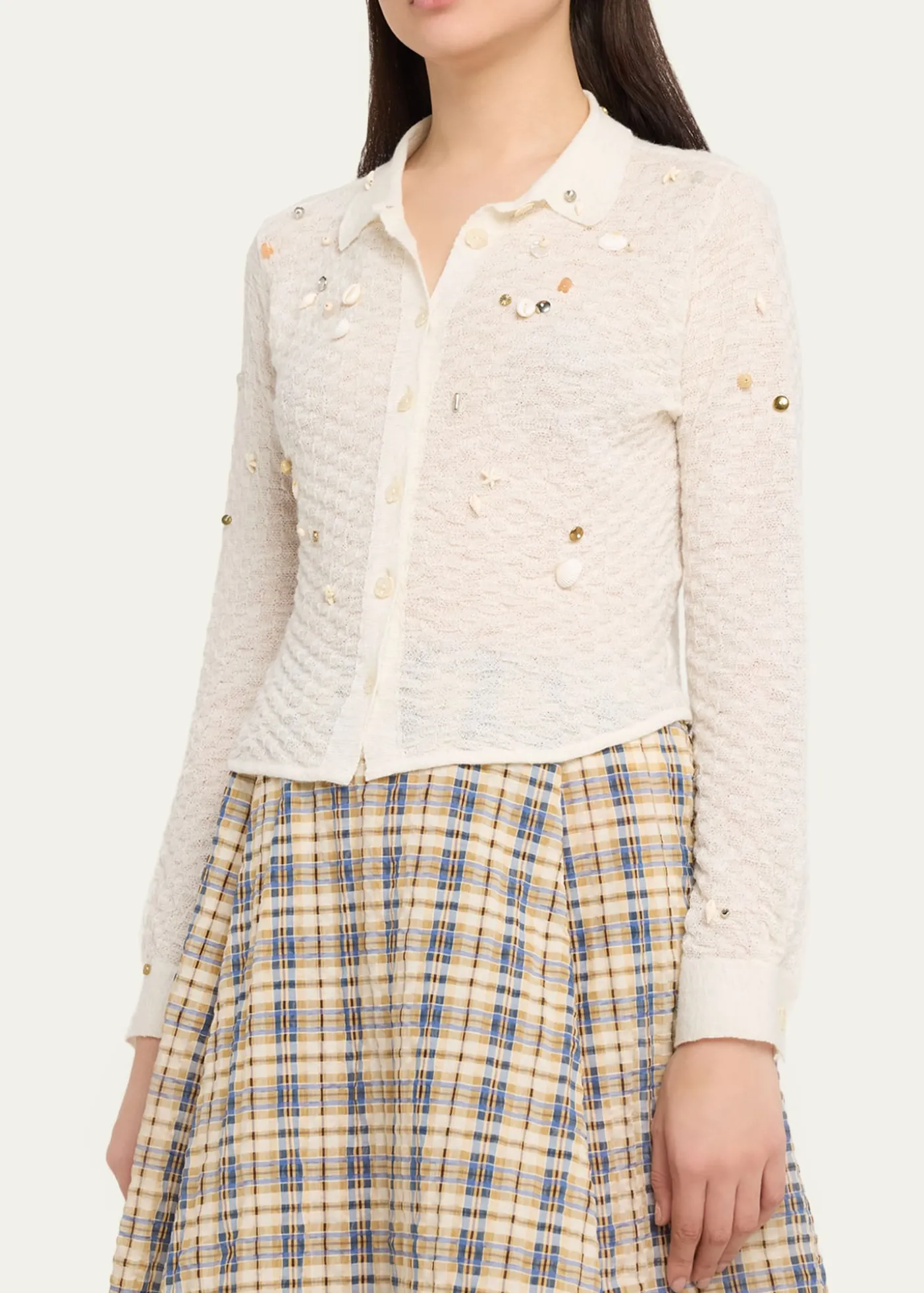 BERNADETTETurner Embellished Check Linen Button-Down Shirt
