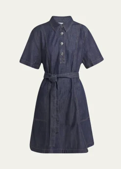 Bottega VenetaShort-Sleeve Belted Denim Shirtdress