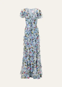 Carolina HerreraFloral Ruffle Chiffon Short-Sleeve Maxi Dress