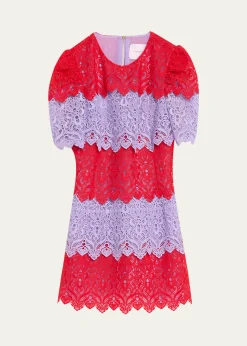 Carolina HerreraTiered Colorblock Lace Short-Sleeve Mini Dress