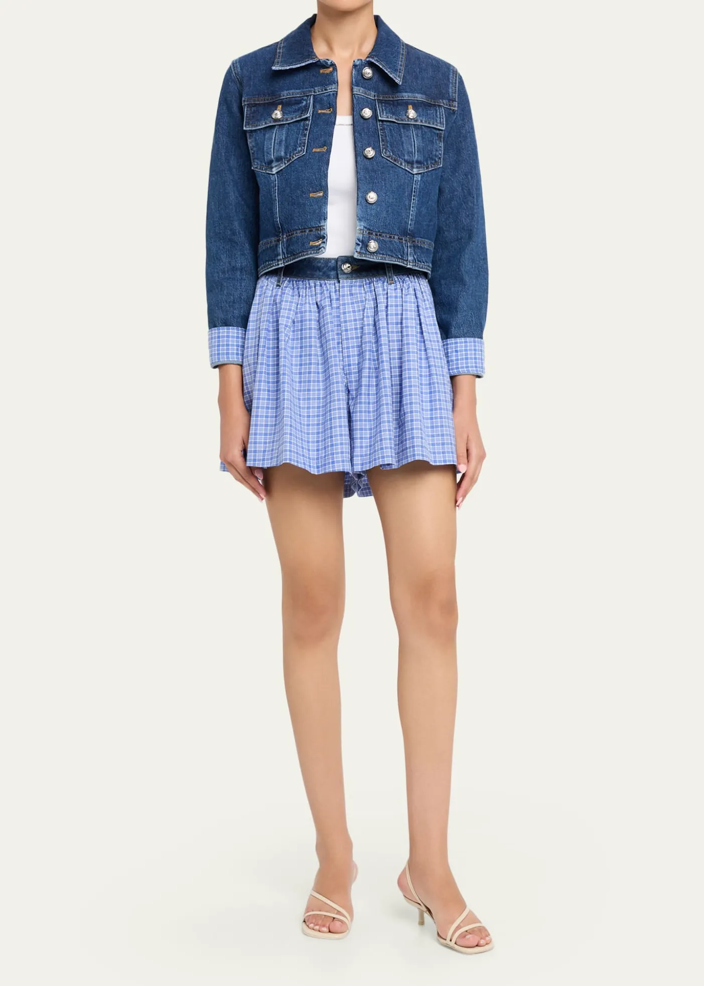 Cinq a SeptLexie Gingham-Cuff Cropped Denim Jacket