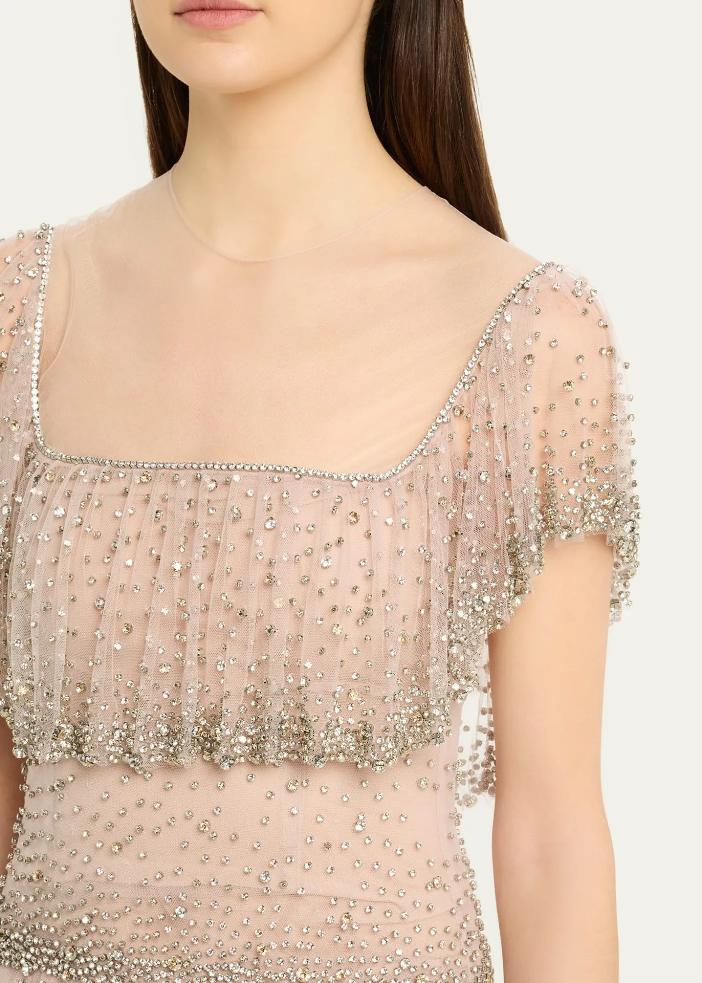 CostarellosJesenia Crystal Ruffle Square-Neck Illusion Gown