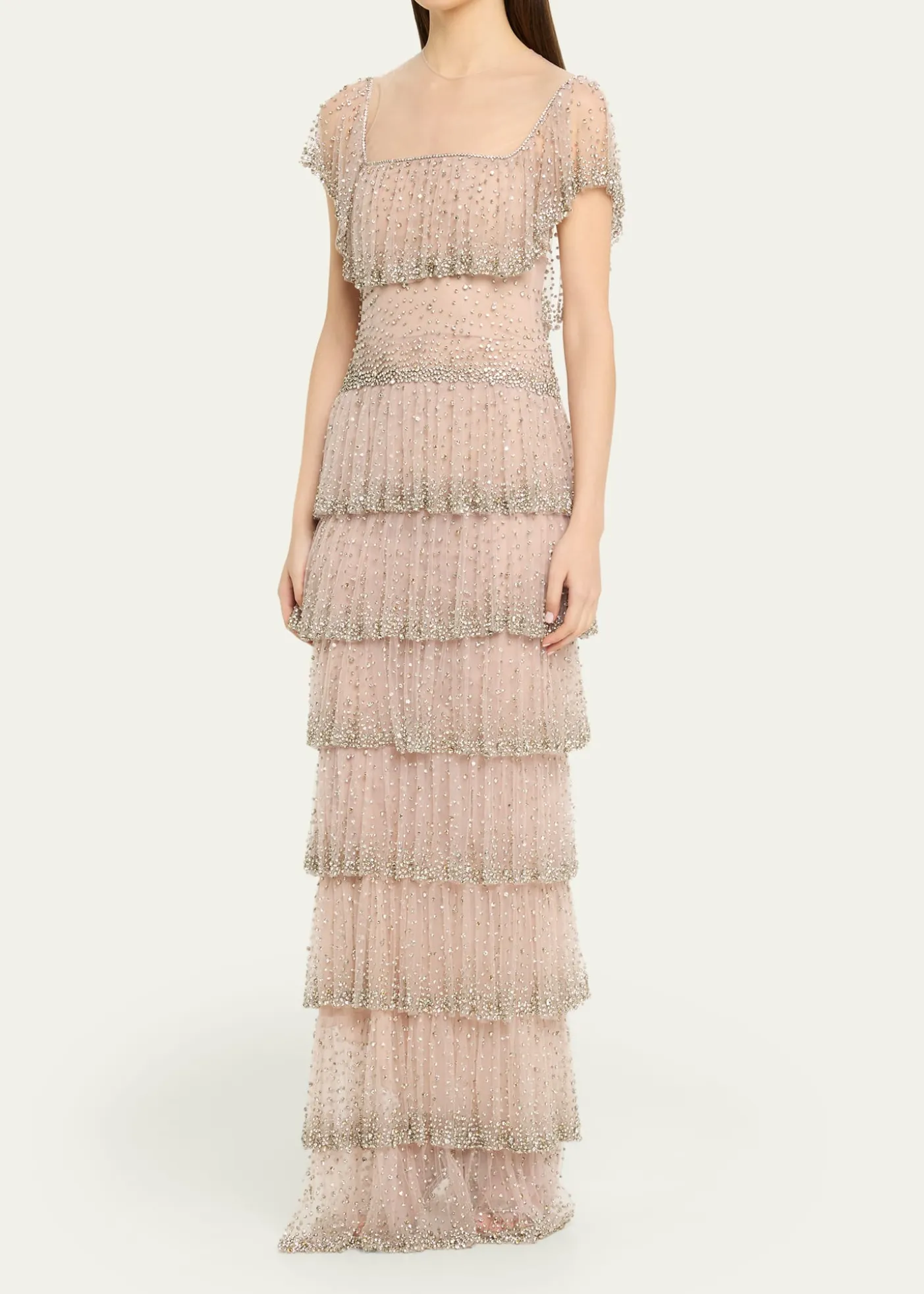 CostarellosJesenia Crystal Ruffle Square-Neck Illusion Gown