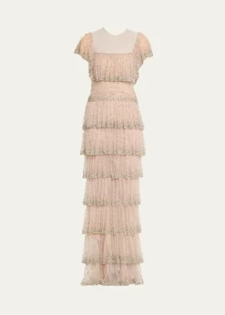 CostarellosJesenia Crystal Ruffle Square-Neck Illusion Gown