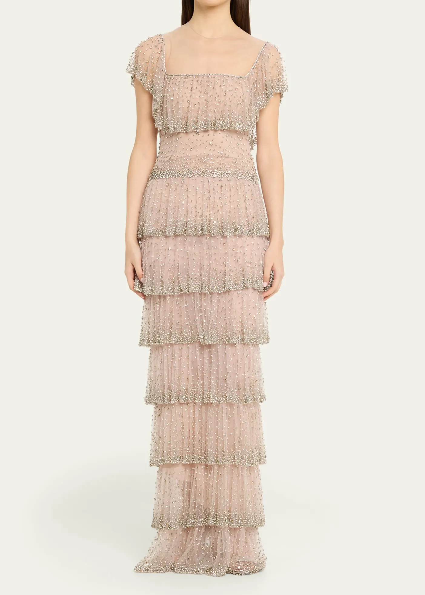 CostarellosJesenia Crystal Ruffle Square-Neck Illusion Gown