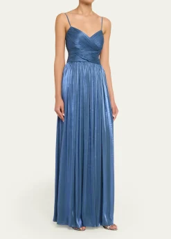 CostarellosSireen Metallic Georgette Sleeveless Crisscross Gown