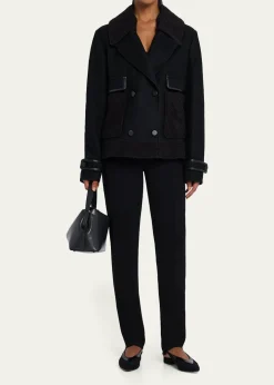 Emporio ArmaniDouble-Breasted Peacoat with Faux Leather Trim