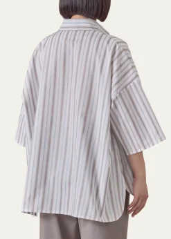 EskandarCotton Sloped Shoulder Wide A-Line Short Sleeve Shirt With Collar - Mid Plus Length