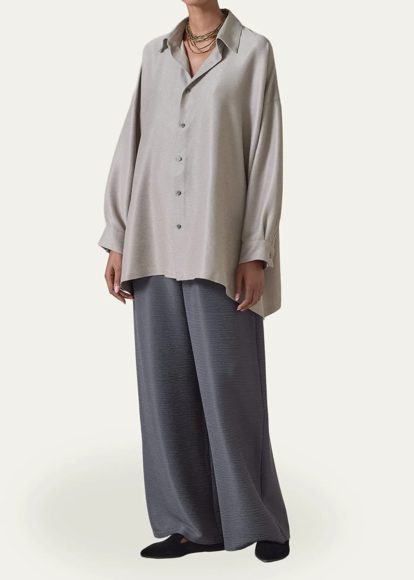 EskandarLightweight Silk Plisse Wide A-Line Shirt With Collar - Mid Plus Length