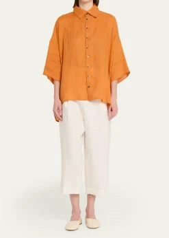 EskandarSloped Shoulder Wide A-Line Short Sleeve Shirt With Collar - Mid Length