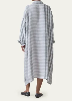 EskandarStriped Linen Wide A-Line Shirt Dress With Collar