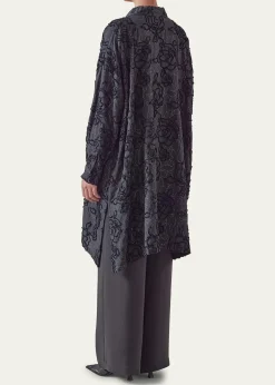 EskandarWide A-Line Collarless Shirt With Slits (Very Long Length)
