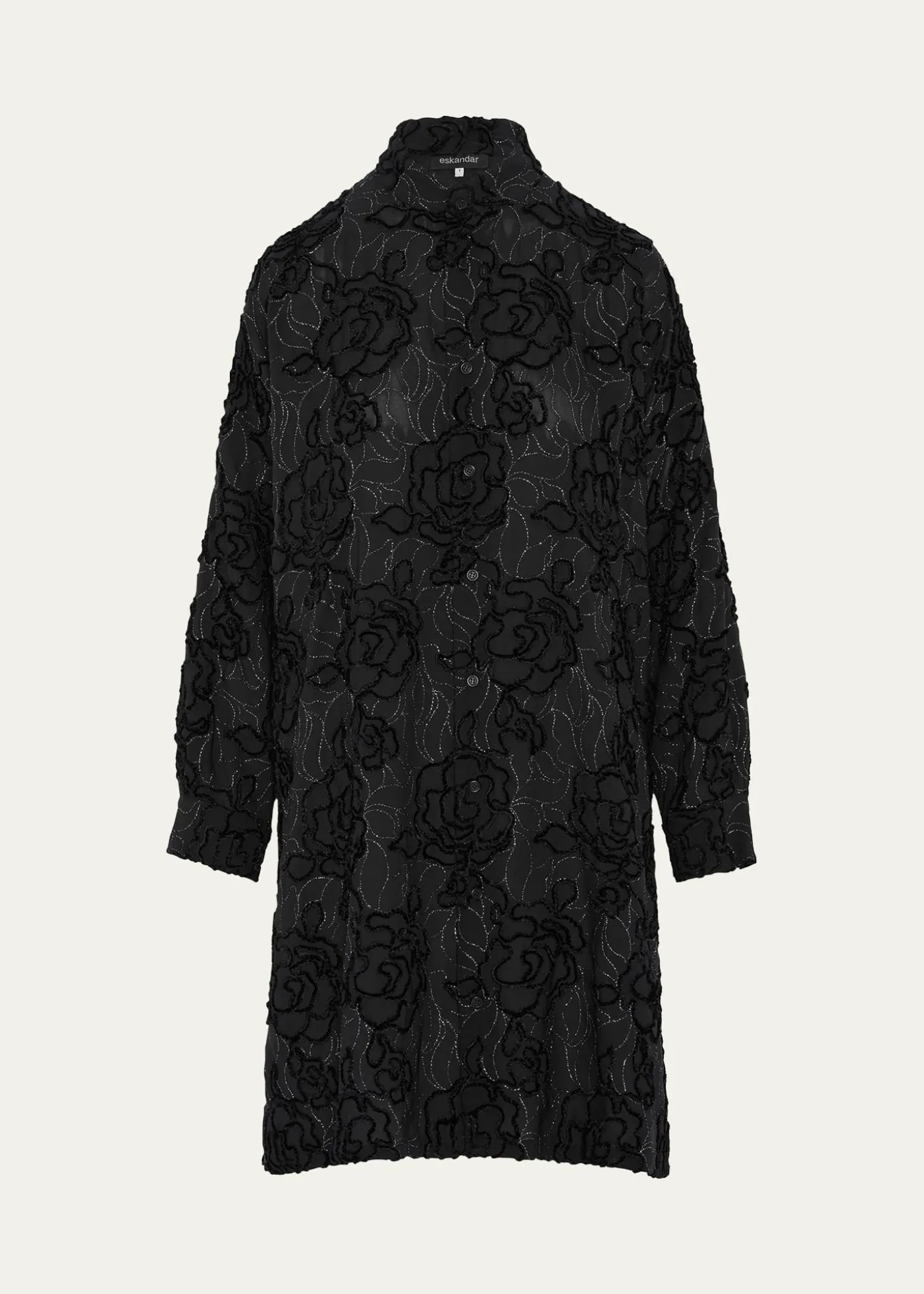 EskandarWide A-Line Collarless Shirt With Slits (Very Long Length)