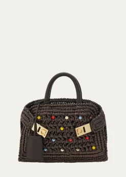 FerragamoHug Beaded Raffia Top-Handle Bag