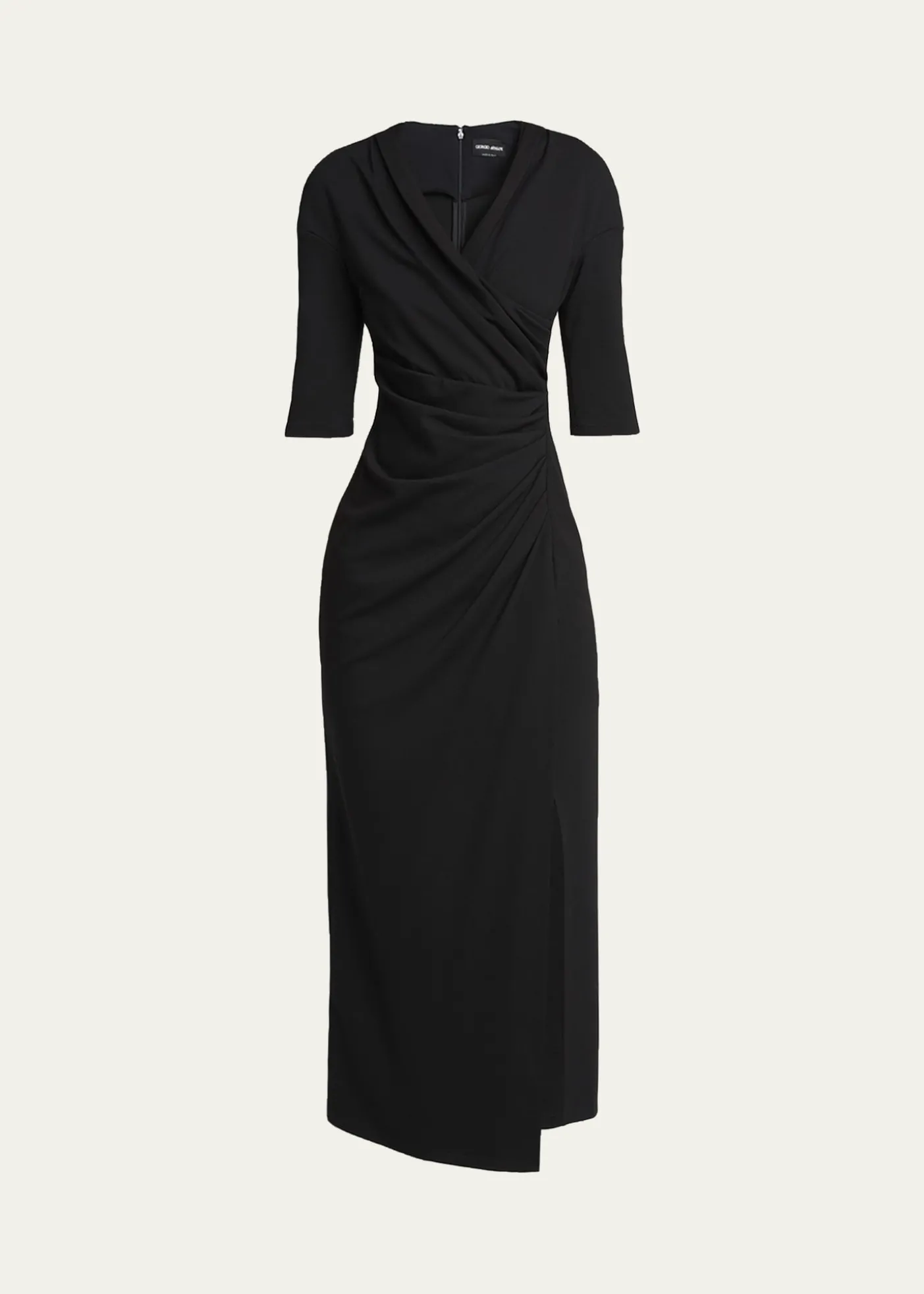 Giorgio ArmaniElbow-Sleeve Draped Crepe Slit Midi Dress