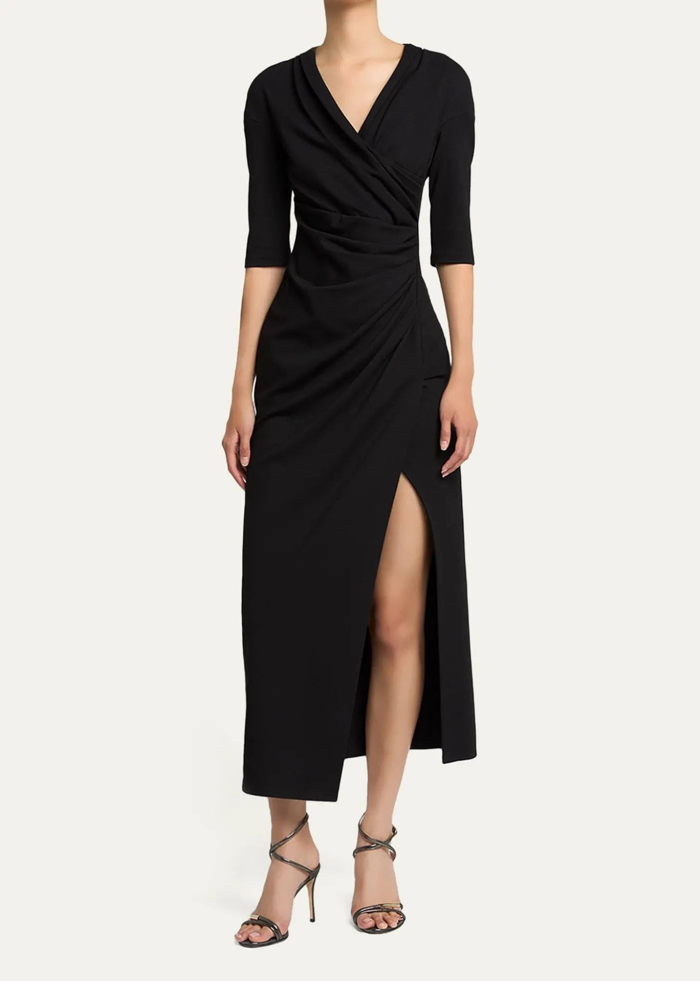 Giorgio ArmaniElbow-Sleeve Draped Crepe Slit Midi Dress