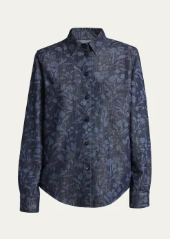 Giorgio ArmaniShiny Denim Floral Print Button-Front Shirt