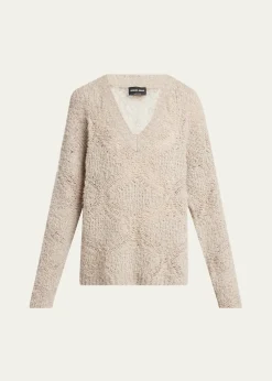 Giorgio ArmaniV-Neck Wool Cashmere Open-Knit Sweater