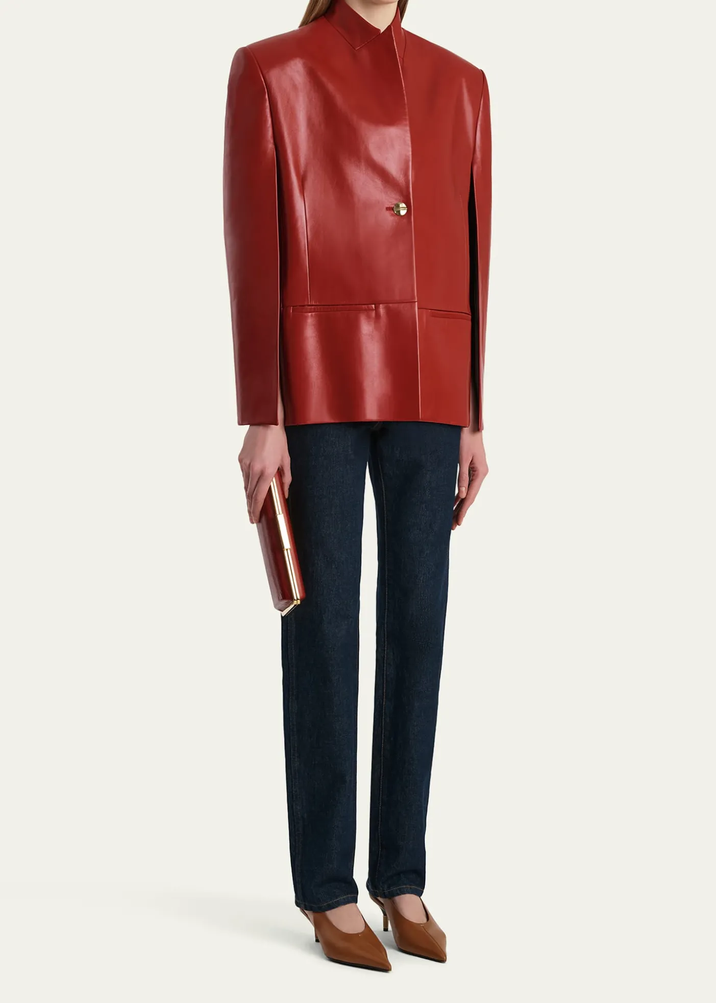 KhaiteDolso Single-Breasted Leather Cape Jacket