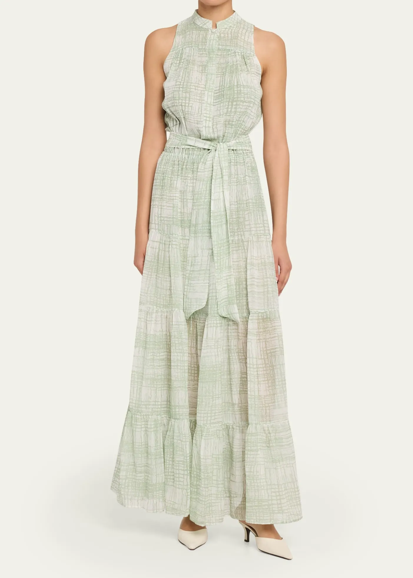 KitonCheck Silk Tie-Waist Tiered Maxi Dress
