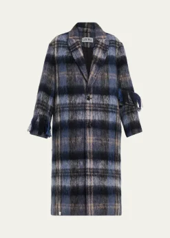 LoeweSingle-Breasted Plaid Wool Fringe Long Coat