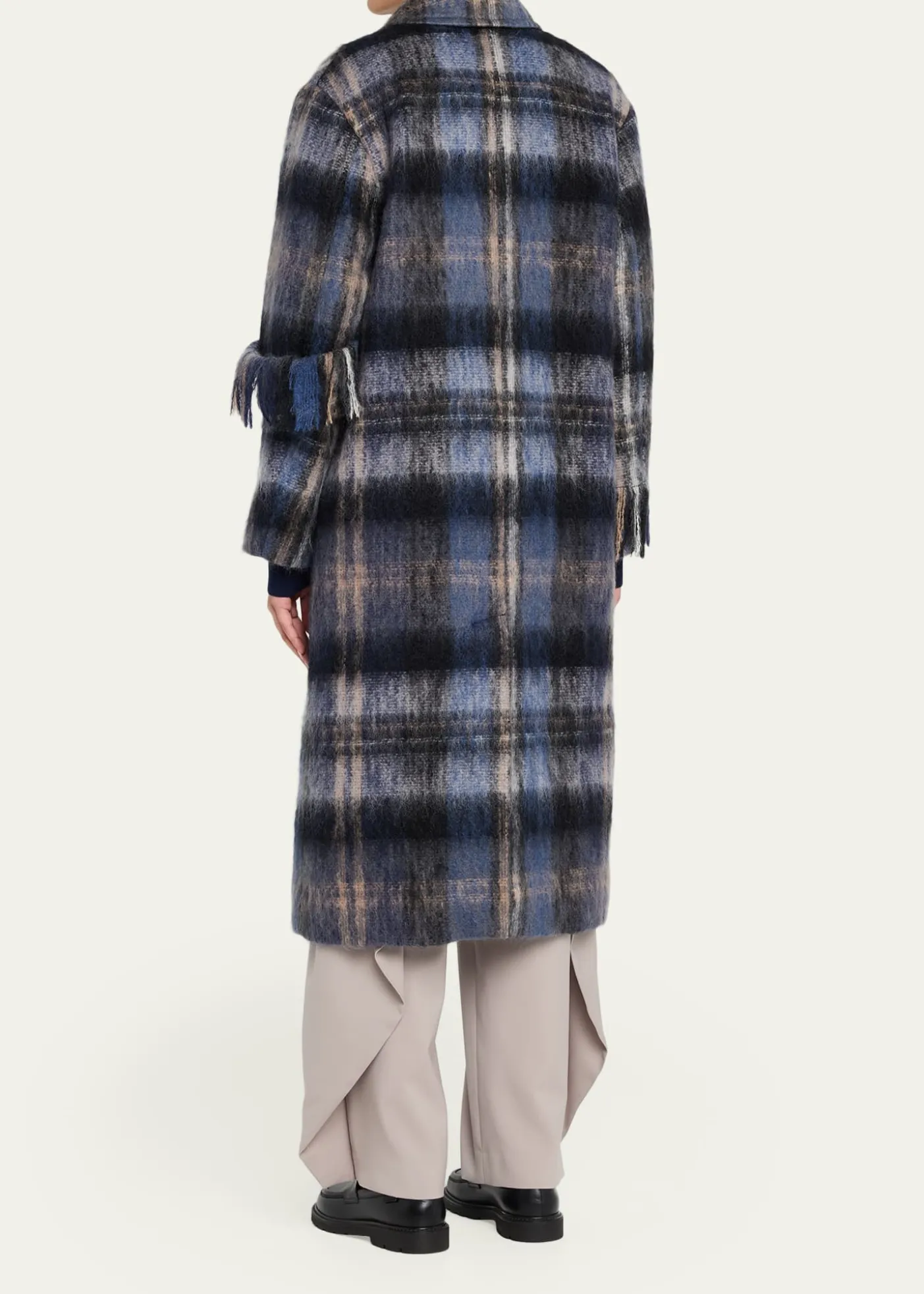 LoeweSingle-Breasted Plaid Wool Fringe Long Coat