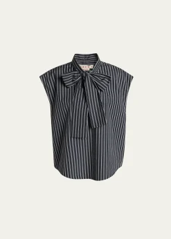 MarniSelf-Tie Half-Placket Striped Blouse