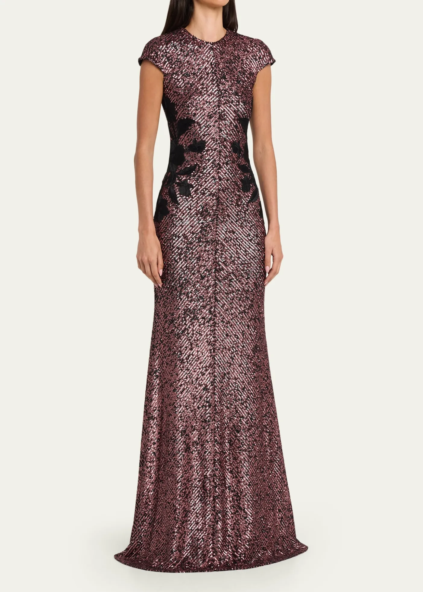 Naeem KhanFloral Applique Short-Sleeved Sequin Gown