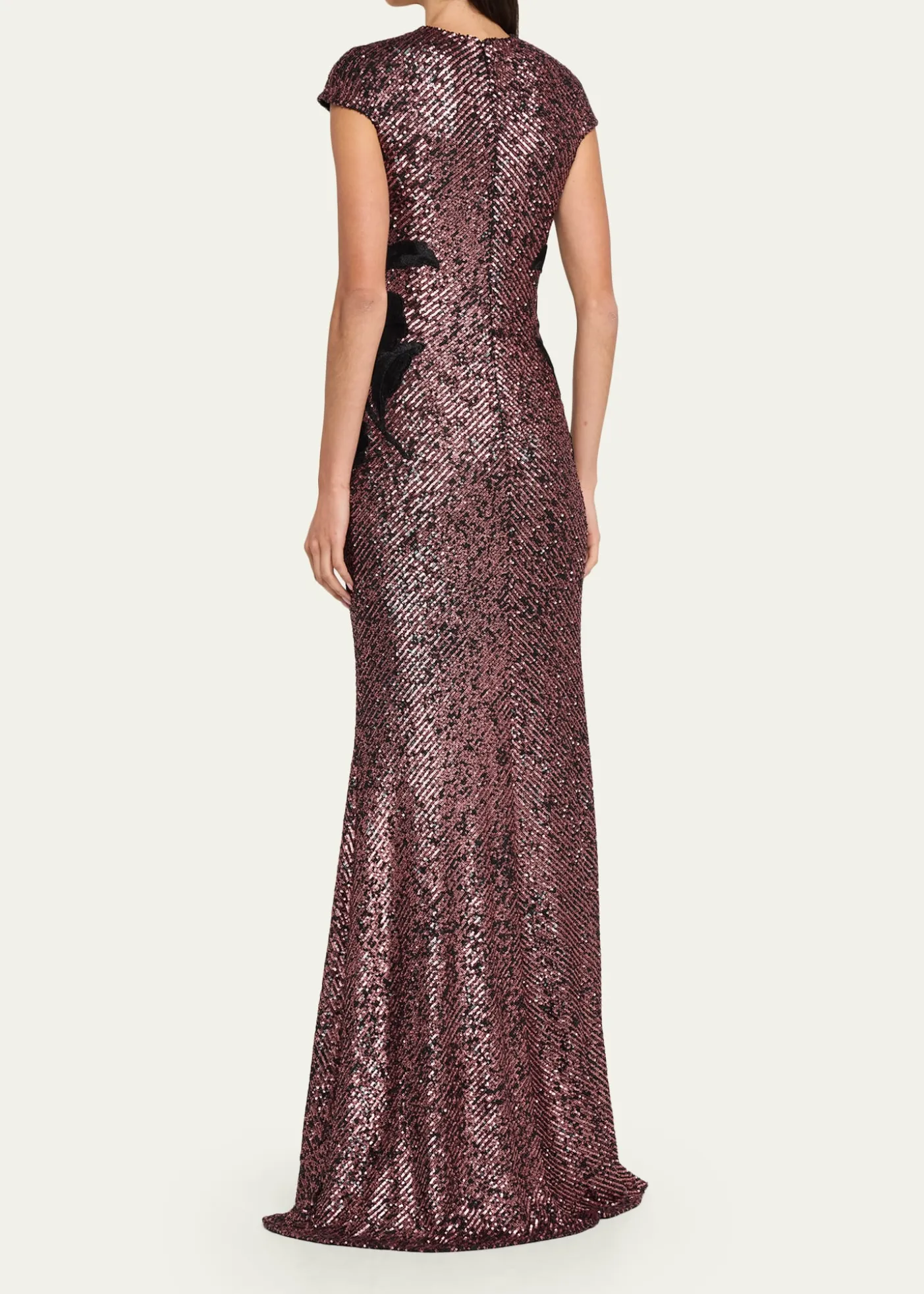 Naeem KhanFloral Applique Short-Sleeved Sequin Gown