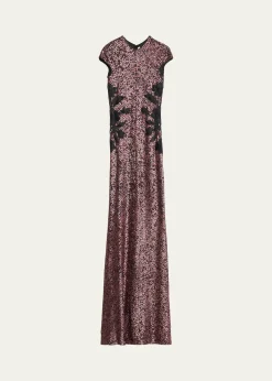 Naeem KhanFloral Applique Short-Sleeved Sequin Gown