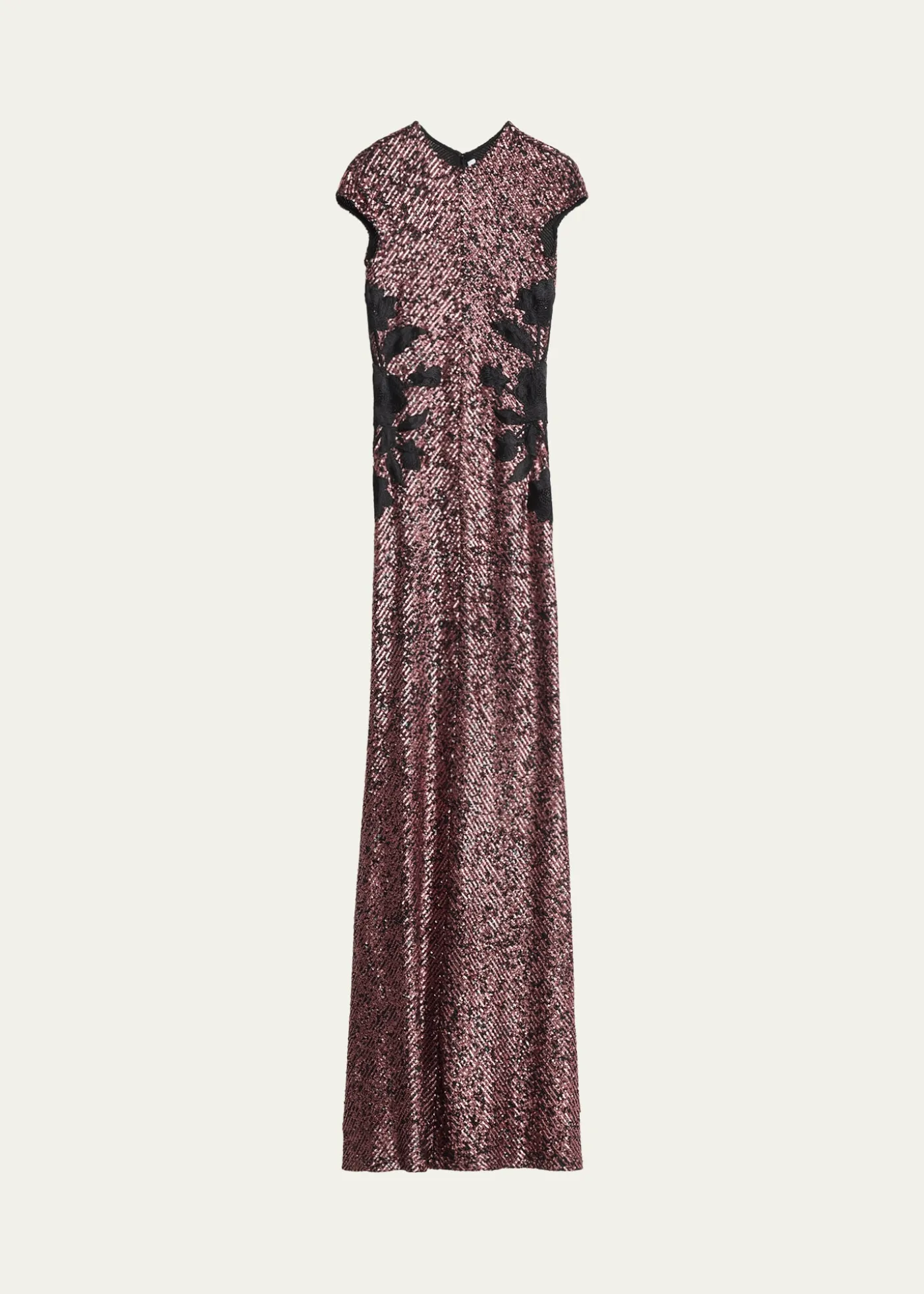 Naeem KhanFloral Applique Short-Sleeved Sequin Gown