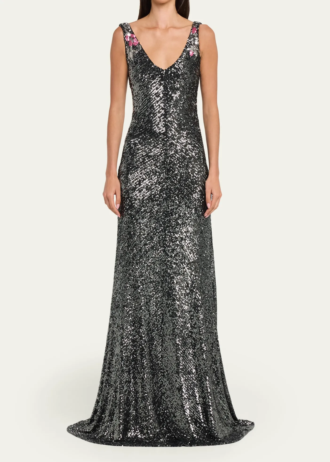 Naeem KhanFloral Applique Stretch Sequin V-Neck Gown