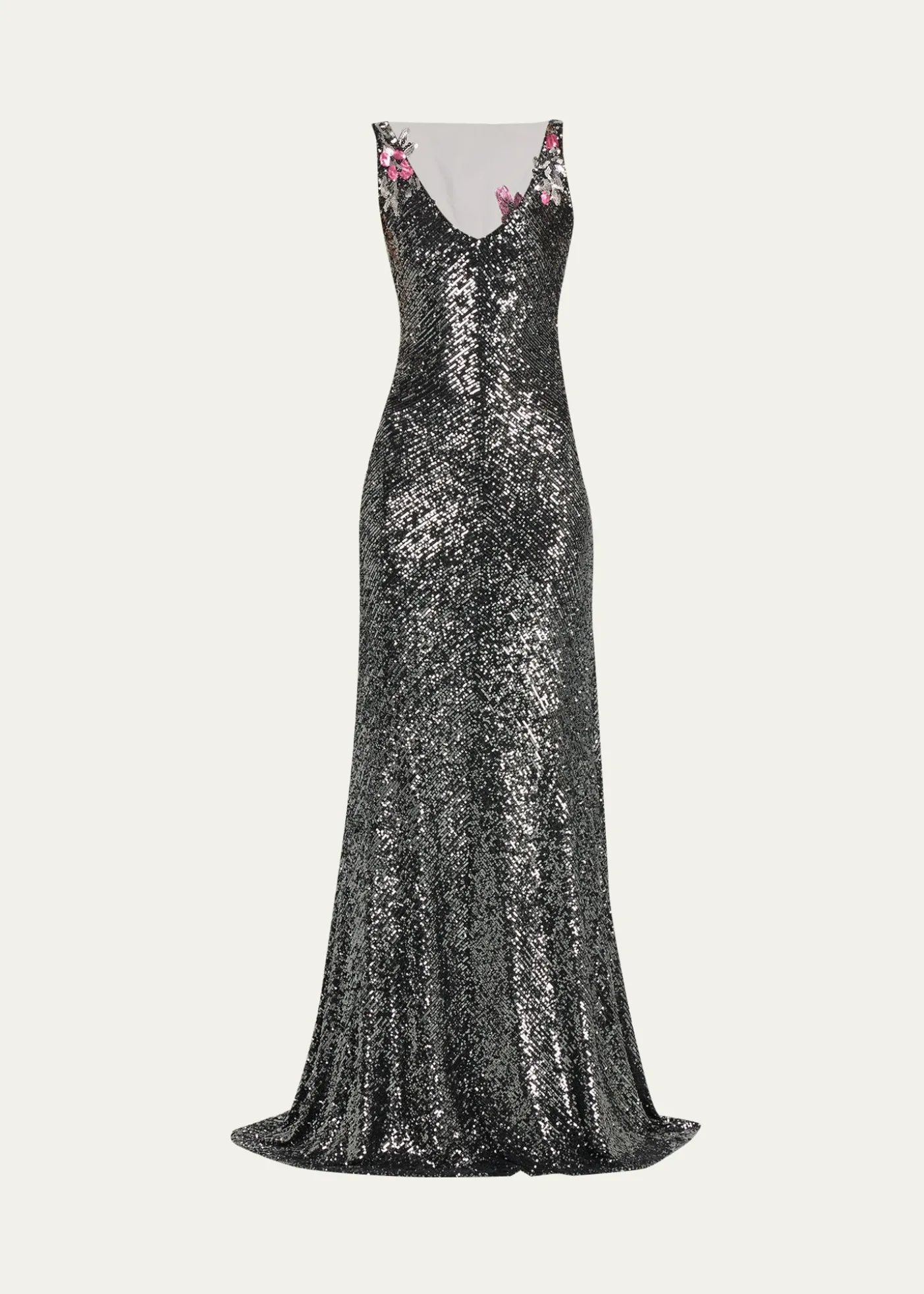 Naeem KhanFloral Applique Stretch Sequin V-Neck Gown