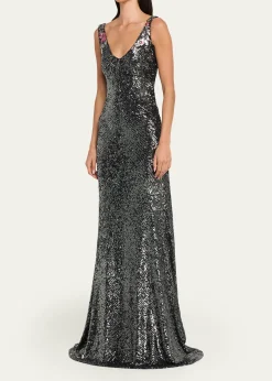 Naeem KhanFloral Applique Stretch Sequin V-Neck Gown
