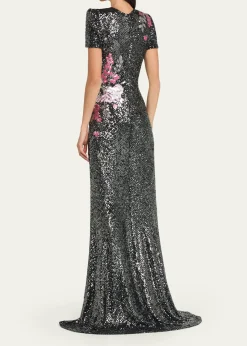 Naeem KhanFloral Applique Stretch Sequin Cap-Sleeve Gown