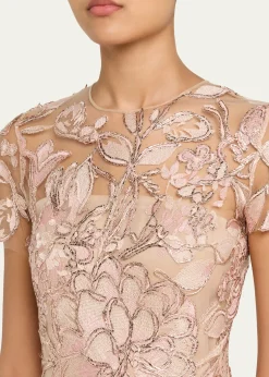 Naeem KhanFloral Raffia Embroidered Tulle Short-Sleeve Gown