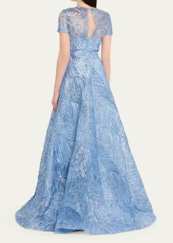 Naeem KhanMetallic Embroidered Short-Sleeve Illusion Gown