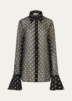 Nina RicciChiffon Polka Dot Bell Cuff Blouse