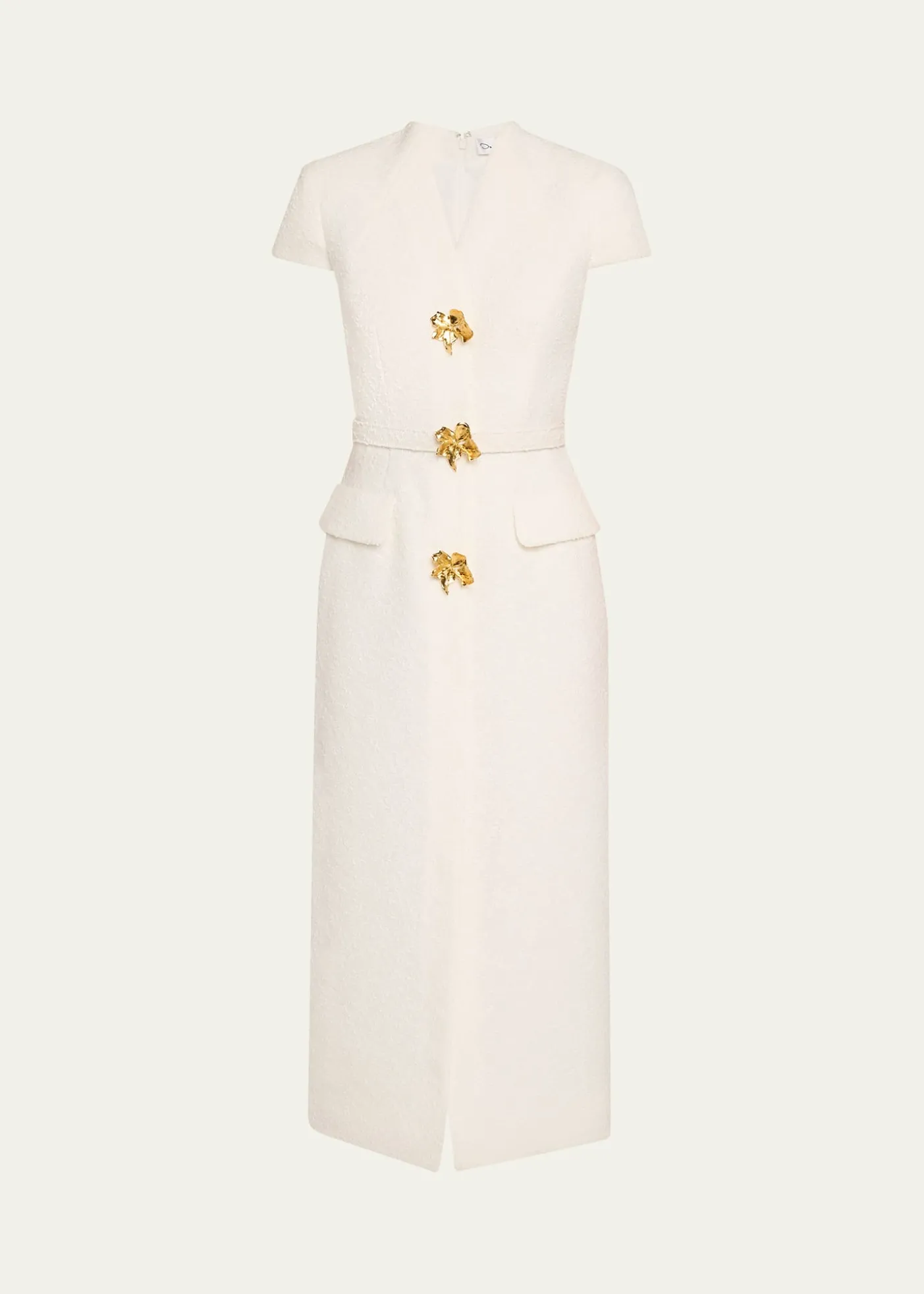 Oscar de la RentaCap-Sleeve Slub Tweed Buttoned Midi Day Dress