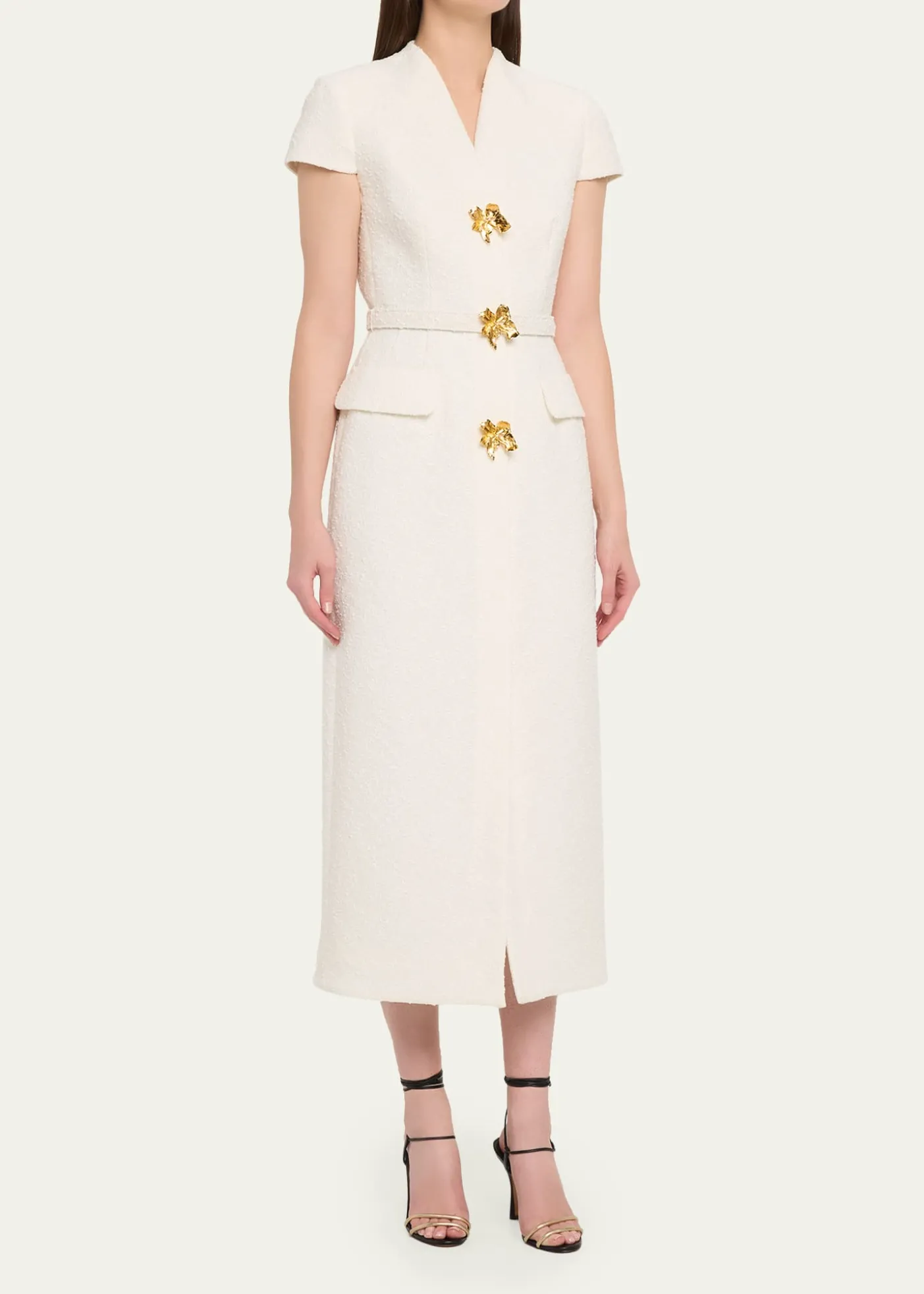 Oscar de la RentaCap-Sleeve Slub Tweed Buttoned Midi Day Dress
