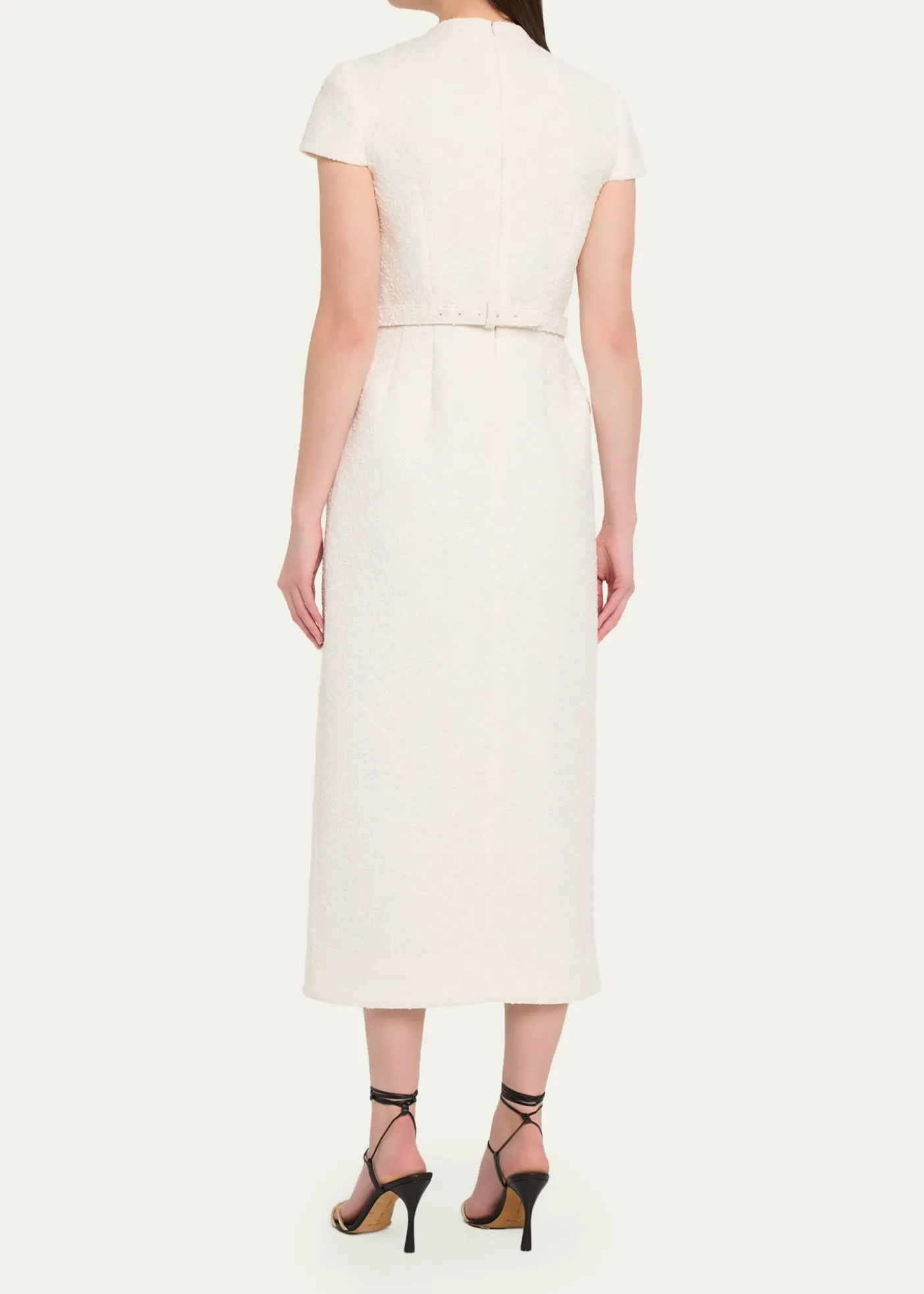 Oscar de la RentaCap-Sleeve Slub Tweed Buttoned Midi Day Dress