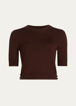 Oscar de la RentaShort-Sleeve Button-Side Crewneck Sweater