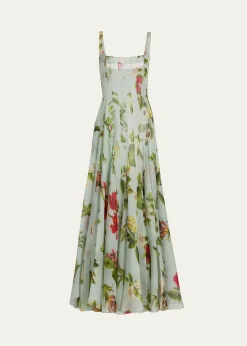 Oscar de la RentaSleeveless Chine Hibiscus Silk Gazar Trumpet Gown