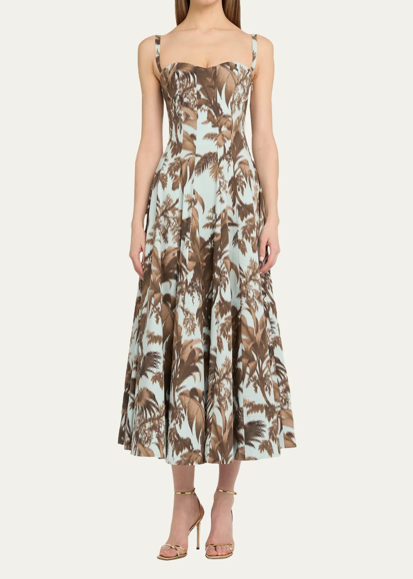 Oscar de la RentaSleeveless Chine Hibiscus Cotton Poplin Midi Dress