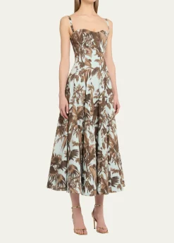 Oscar de la RentaSleeveless Chine Hibiscus Cotton Poplin Midi Dress