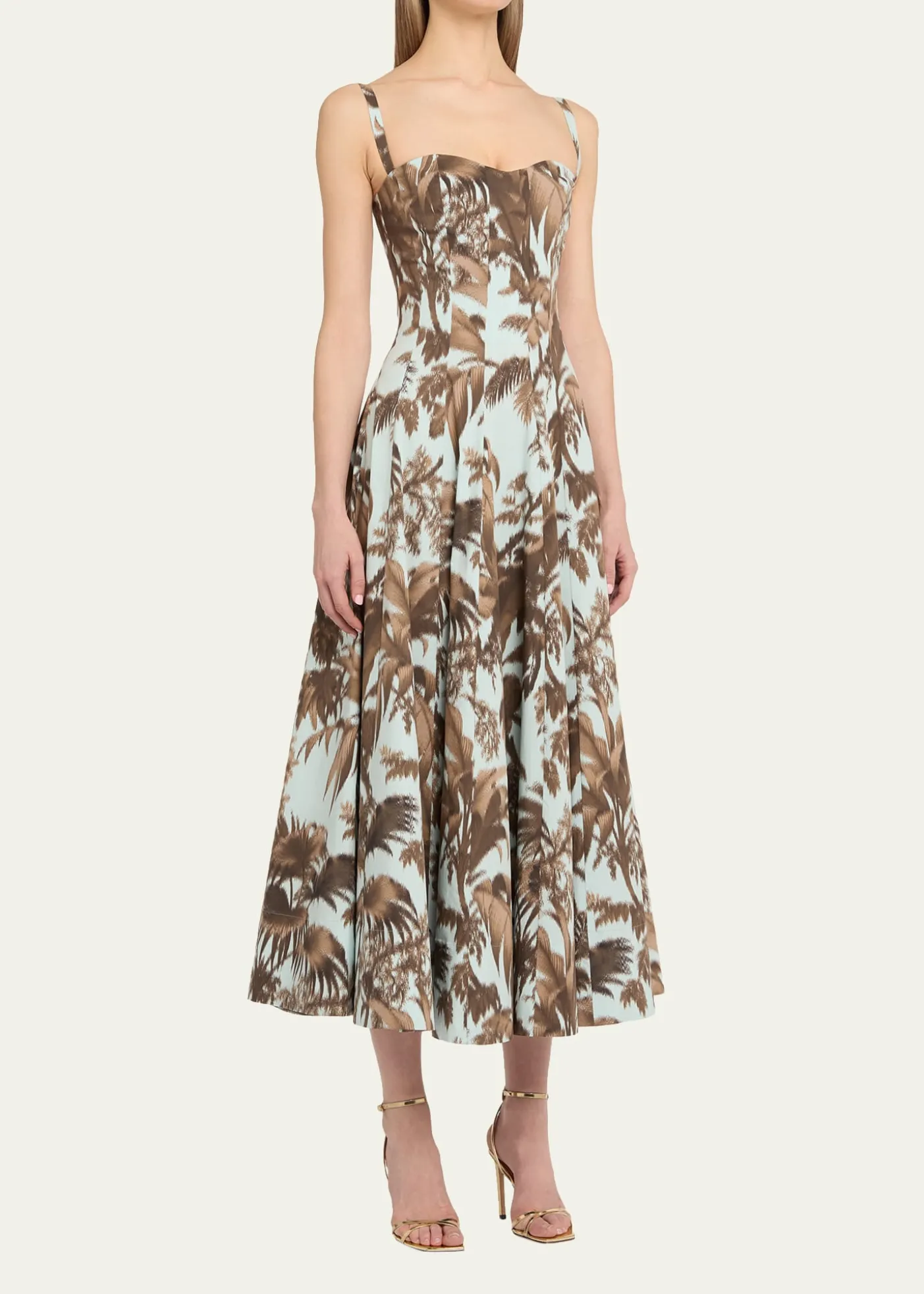 Oscar de la RentaSleeveless Chine Hibiscus Cotton Poplin Midi Dress