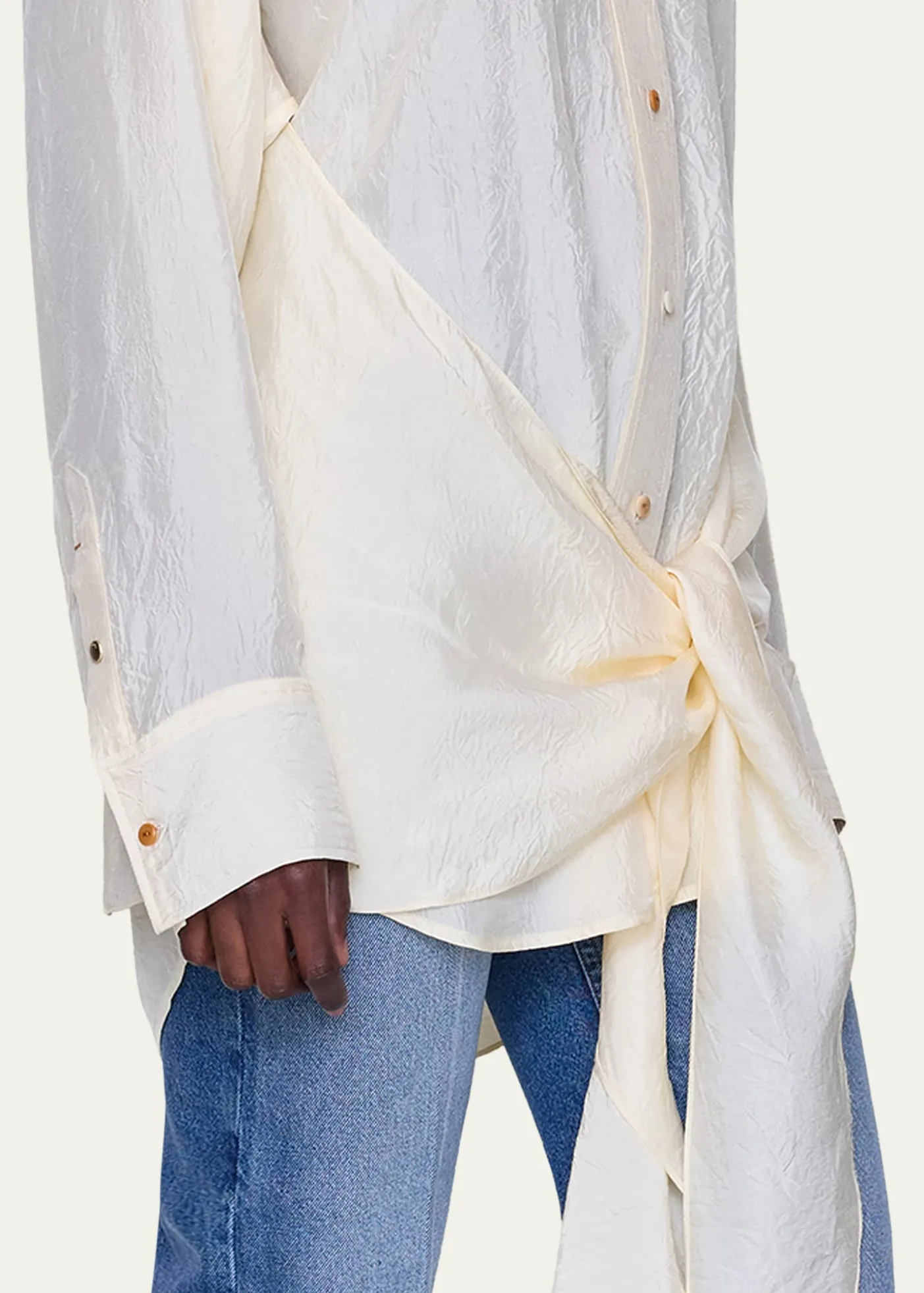 OssouArroya Tie-Front Crinkled Satin Shirt