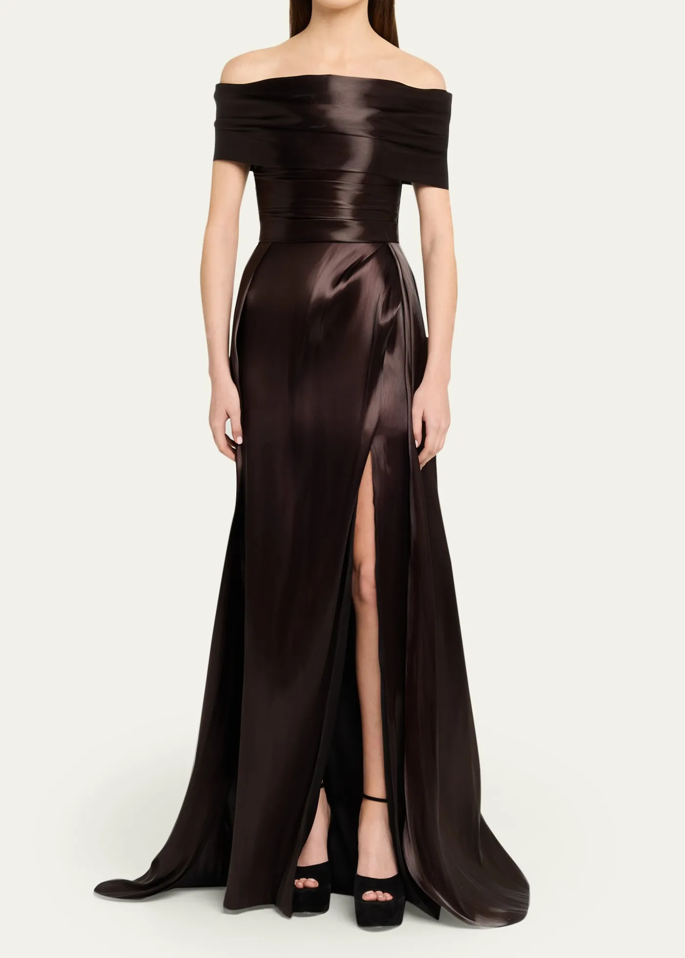 Pamella RolandLiquid Organza Off-The-Shoulder Slit Gown